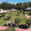 Un grande giardino con alberi e panchine.