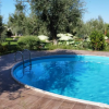 Piscina semiovale con scaletta immersa nel verde di un giardino con alberi.