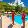 Piscina all'aperto con bagnini in uniforme rossa e ombrelloni verdi, circondata da alberi.