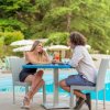 Due persone sedute a un tavolo accanto a una piscina, conversano sorridendo.