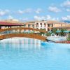 Ampia piscina con ponte di legno e palme.