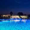 Piscina illuminata di notte con palme sullo sfondo.