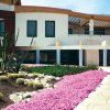 Edificio con giardino di cactus e fiori rosa.