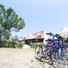 Biciclette parcheggiate vicino a un edificio tra alberi.