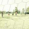 Persone giocano a calcio su un campo erboso.